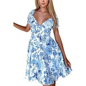 ThatSoFetch Floral Blue Swing Dress Cottagecore Prairie Romantic Size S Date